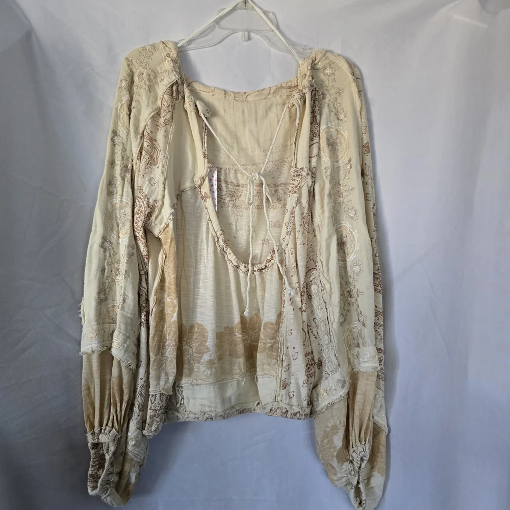 Free People Boom Boom Tunic Oversized Cream and Tan Boho Blouse NEW - Picture 5 of 15